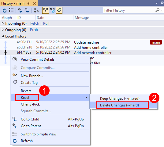 Captura de pantalla de la opción Restablecer en el menú contextual de una confirmación en la ventana Historial de Visual&nbsp;Studio