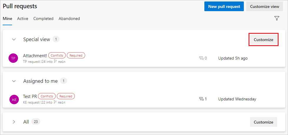 Captura de pantalla de la página de Pull Requests que muestra secciones contraíbles.