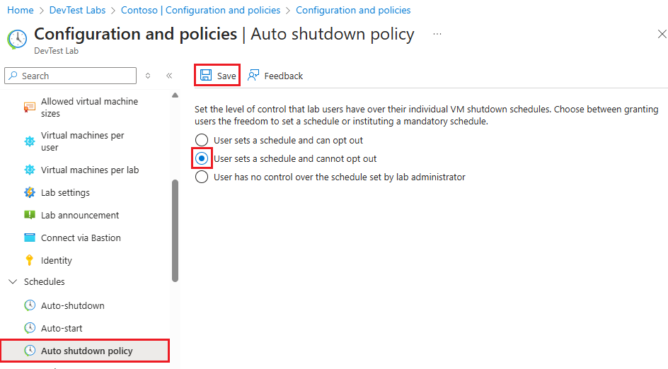 Captura de pantalla que muestra las opciones de directiva de apagado automático.