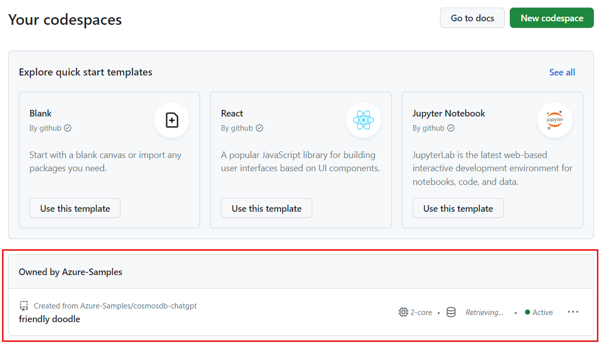 Captura de pantalla de todos los devcontainers en ejecución, incluido su estado y plantillas.