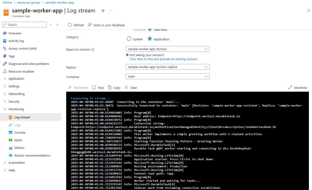 Captura de pantalla del flujo de registro del contenedor de trabajo en Azure Portal.
