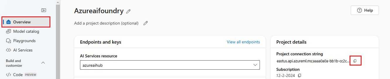 Screenshot muestra la página de información general de un proyecto y la ubicación de la cadena de conexión.