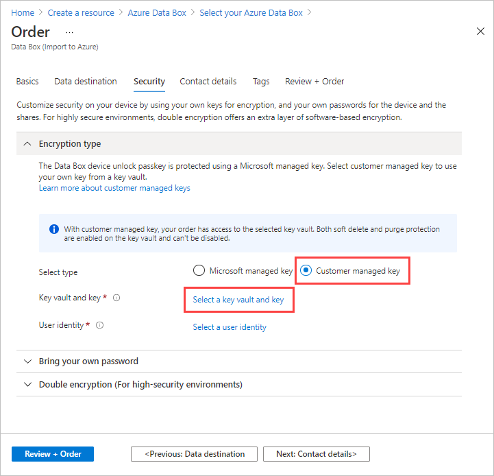 Captura de pantalla de las configuraciones de Tipo de cifrado en la pestaña Seguridad de un pedido de Data Box. El vínculo 