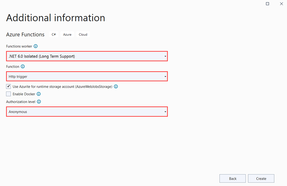 Captura de pantalla de la configuración del proyecto de Azure Functions.