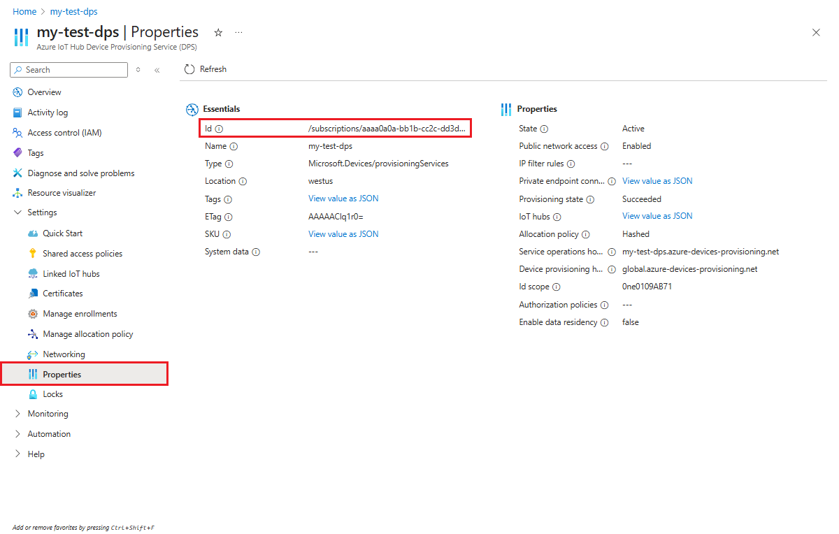 Captura de pantalla que muestra la página Propiedades de una instancia de DPS en Azure Portal, resaltando el identificador de recurso de la instancia de DPS.