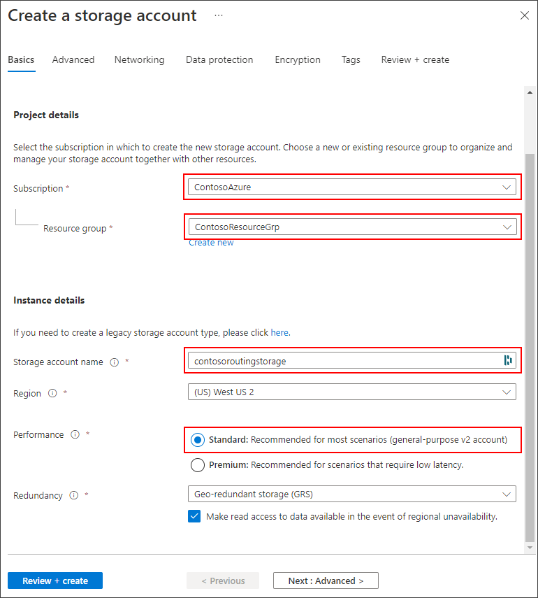 Captura de pantalla que muestra cómo crear una cuenta de almacenamiento en Azure Portal.