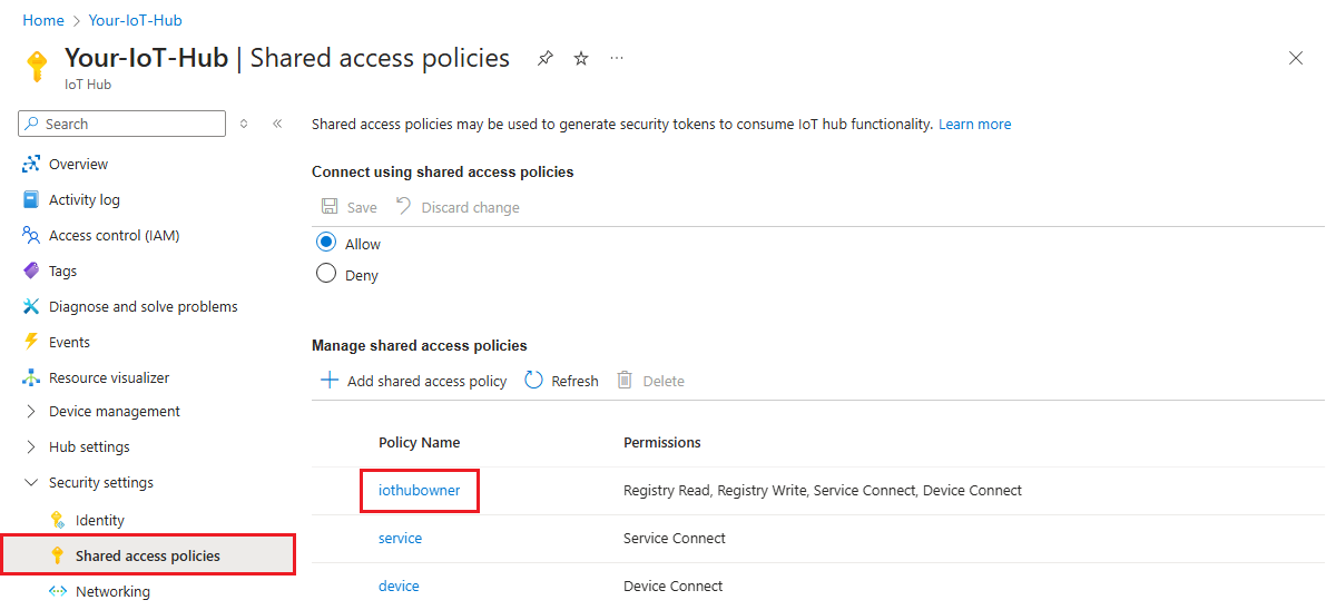 Captura de pantalla que muestra cómo seleccionar la directiva de acceso compartido de iothubowner en Azure Portal.