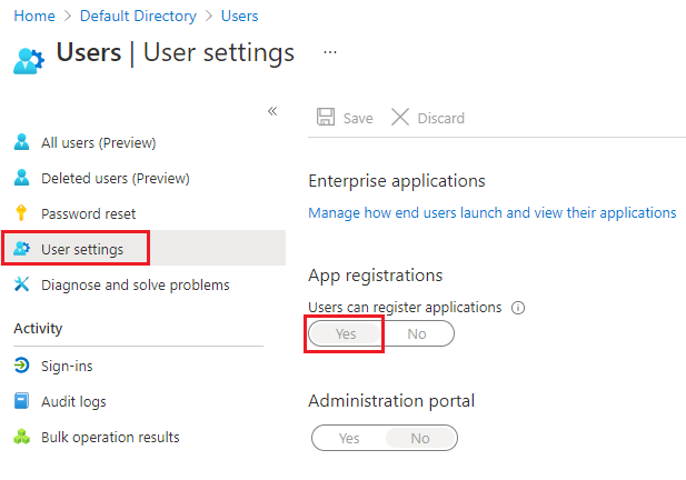 Comprobación en la configuración de usuario de que los usuarios puedan registrar aplicaciones de Active&nbsp;Directory.