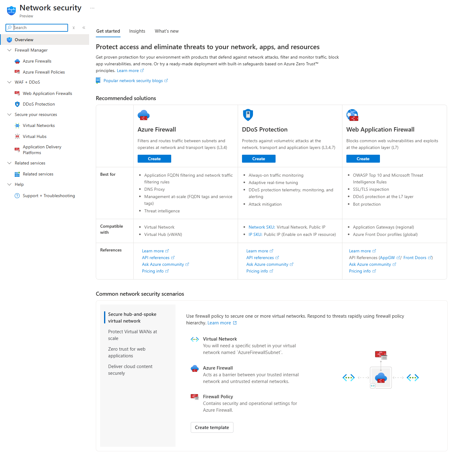 Captura de pantalla de la experiencia de selección de seguridad de red en Azure Portal.