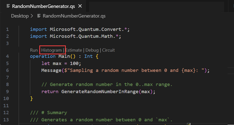 Captura de pantalla de Visual Studio Code que muestra dónde encontrar el comando Histograma en CodeLens.