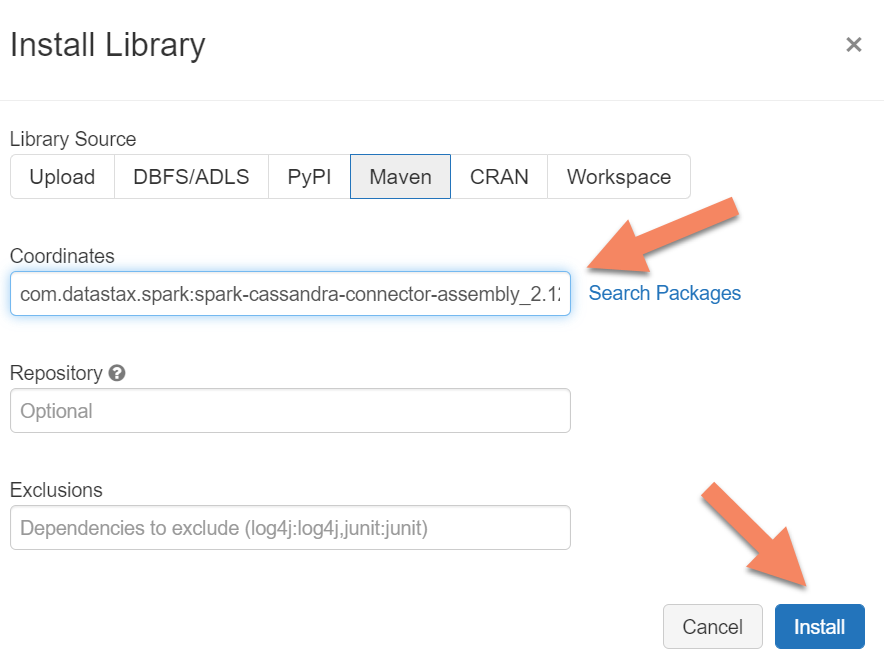 Captura de pantalla que muestra la búsqueda de paquetes Maven en Azure Databricks.