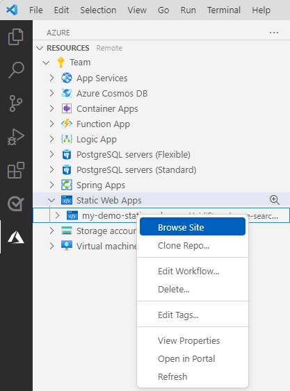 Captura de pantalla de Visual&nbsp;Studio Code que muestra el explorador de Azure Static Web Apps con la opción **Examinar sitio**.