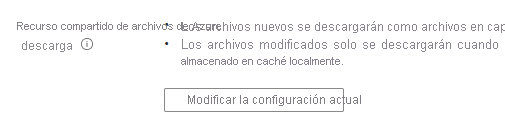 Captura de pantalla que muestra el comportamiento de descarga del recurso compartido de archivos de Azure para un extremo de servidor actualmente vigente y un botón para abrir un menú que permite cambiarlo.