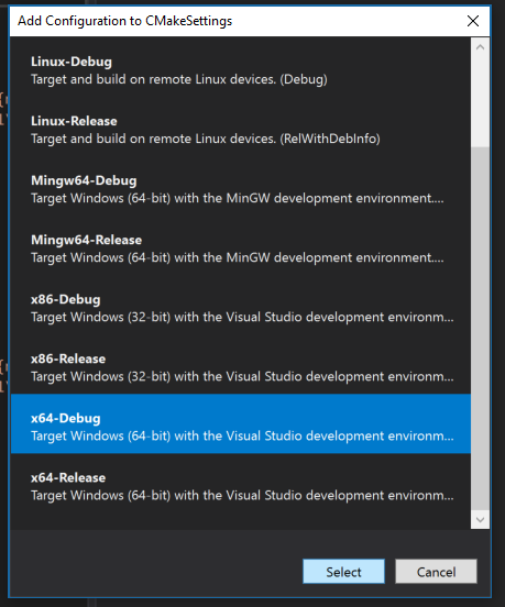 Captura de pantalla del cuadro de diálogo Agregar configuración a CMakeSettings. Tiene entradas como Linux-Debug, x86-Debug. x64-Debug está seleccionado.