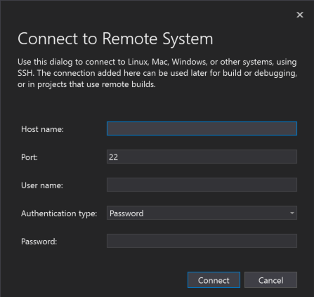 Captura de pantalla del cuadro de diálogo Conectar con el sistema remoto de Visual Studio.
