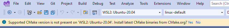 Captura de pantalla de un mensaje debajo de la barra de herramientas de Visual Studio