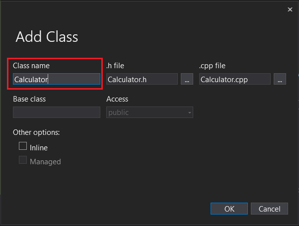 Captura de pantalla del cuadro de diálogo Agregar clase de Visual Studio.