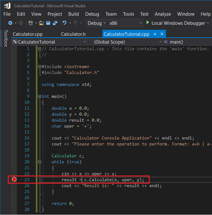 Captura de pantalla de la configuración de un punto de interrupción en la línea 23: result = c.Calculate(x, oper, y);.