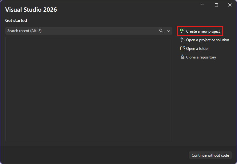 Captura de pantalla del cuadro de diálogo que aparece cuando Visual Studio comienza con Crear un nuevo proyecto resaltado.