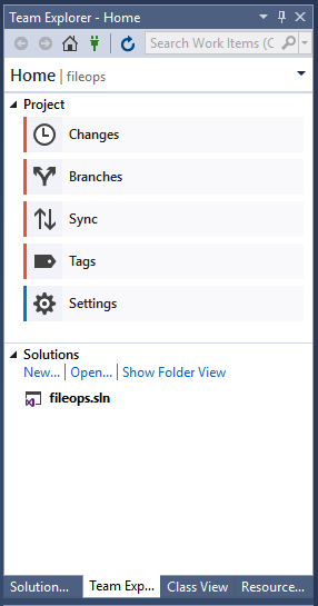 Captura de pantalla de la ventana Team Explorer en Visual&nbsp;Studio&nbsp;2017.