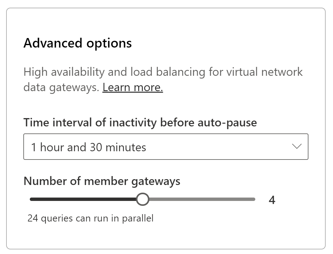 Captura de pantalla de las opciones avanzadas de puerta de enlace de red virtual, con el intervalo de tiempo establecido en 1 hora 30 minutos y el número de puertas de enlace establecidas en 4.