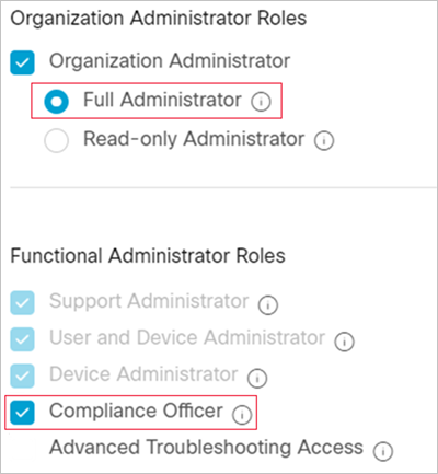 Captura de pantalla de los roles de administrador completo y oficial de cumplimiento necesarios en Webex.