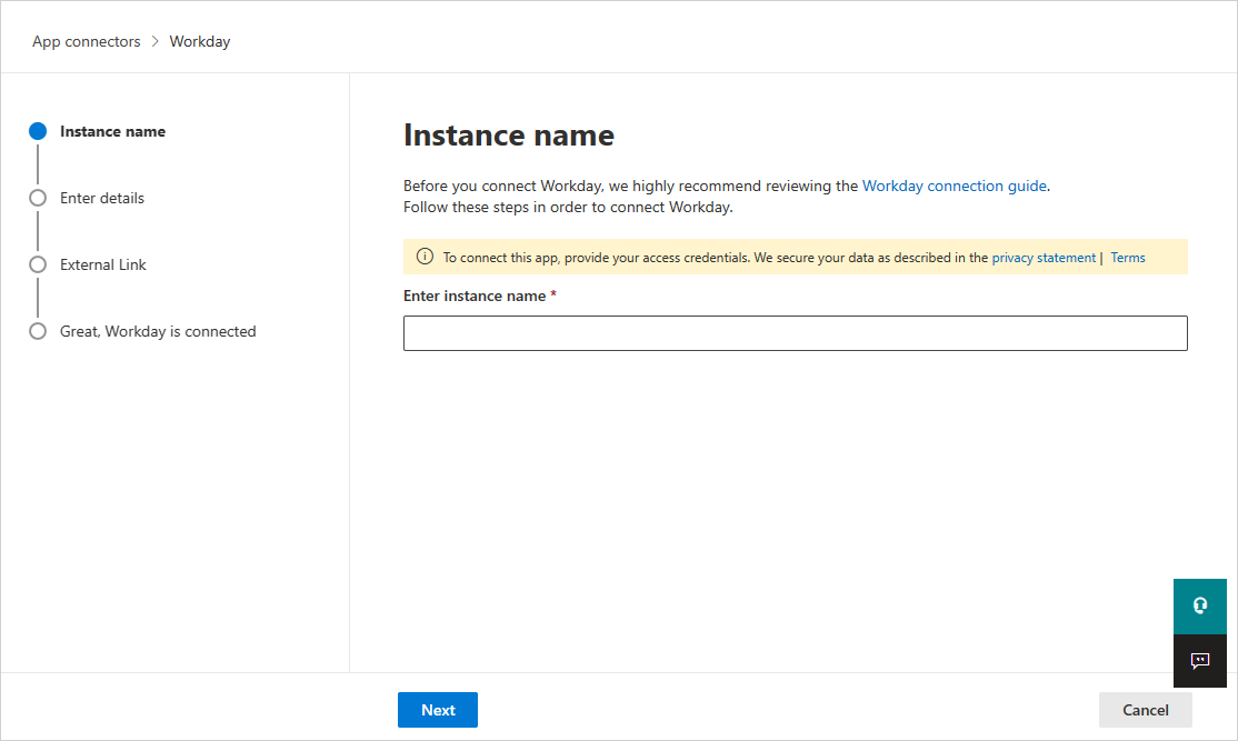 Captura de pantalla de la página de configuración del conector de aplicaciones de Workday con el campo nombre de instancia del conector.