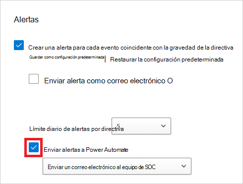Captura de pantalla de la configuración de alertas de directiva con Enviar alertas a Power Automate habilitado y un cuaderno de estrategias seleccionado.