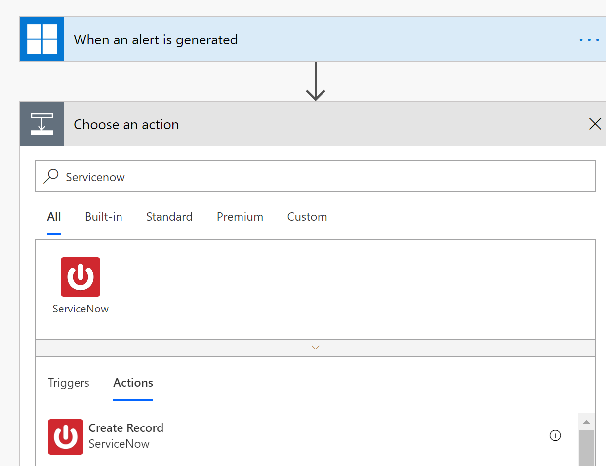 Captura de pantalla del flujo de trabajo de Power Automate que muestra el desencadenador de alertas y la acción del conector de ServiceNow configurada.