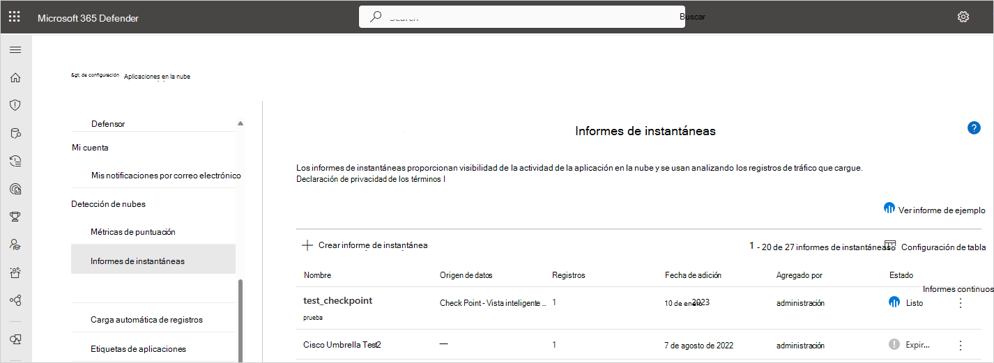 Captura de pantalla de la página de informes de instantáneas.