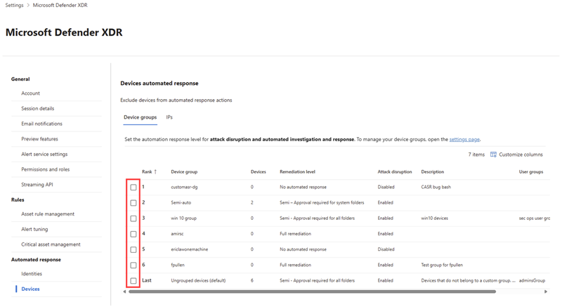 Captura de pantalla de la pestaña Grupos de dispositivos en la configuración de respuesta automatizada para la interrupción del ataque