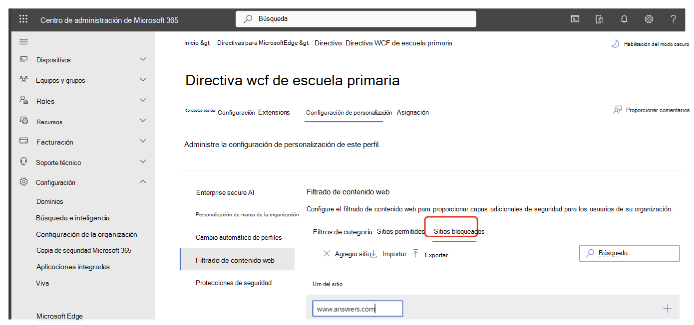 Escriba la dirección URL de los sitios bloqueados en filtrado de contenido web.