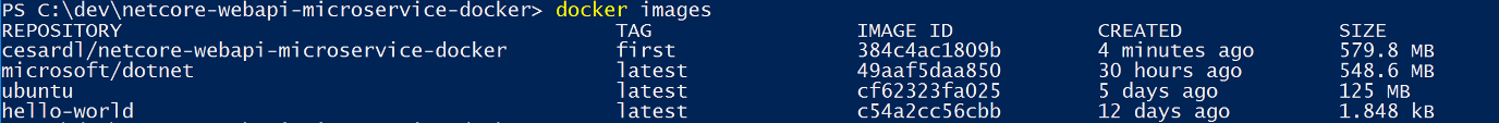 Salida de consola del comando docker&nbsp;images, que muestra las imágenes existentes en la consola.