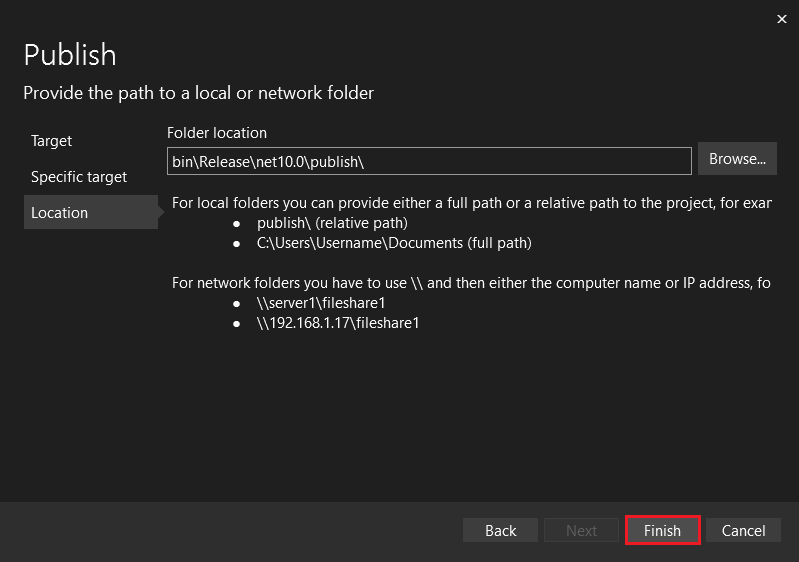 Visual Studio pestaña Ubicación de la página Publicar.