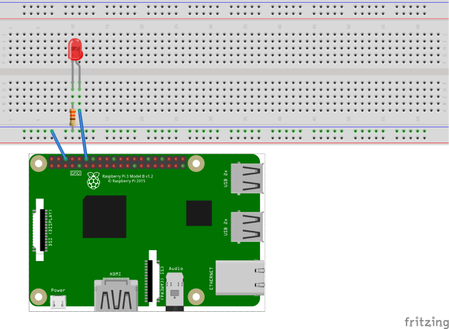 Diagrama de Fritzing que muestra un circuito con un LED y una resistencia