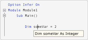 Captura de pantalla que muestra la vista de IntelliSense cuando la opción Infer está activada.