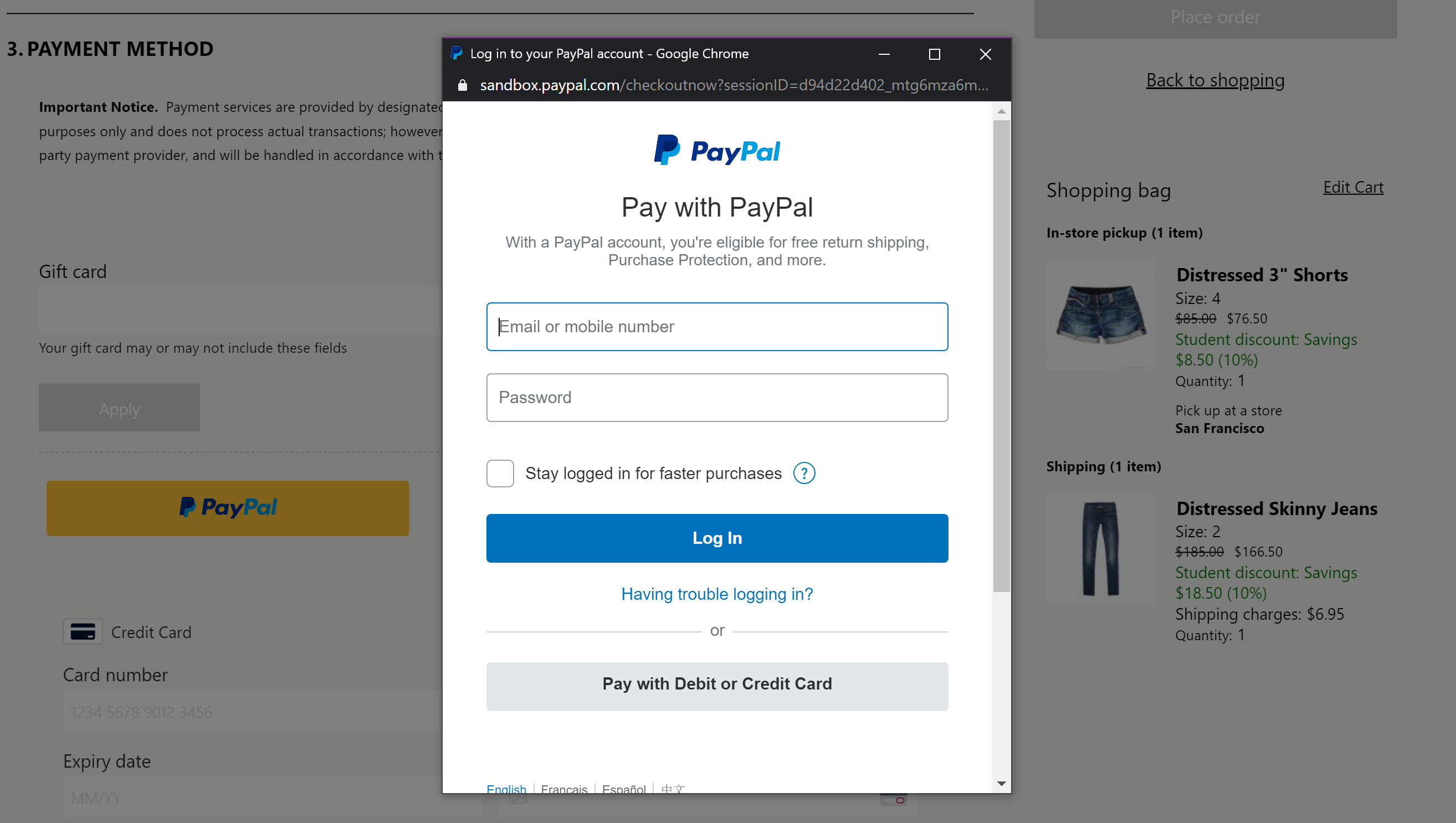 Captura de pantalla del elemento iframe de PayPal en una página de pago.