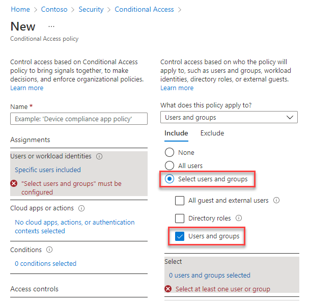 Captura de pantalla de la página para crear una nueva directiva, donde se seleccionan las opciones para especificar usuarios y grupos.