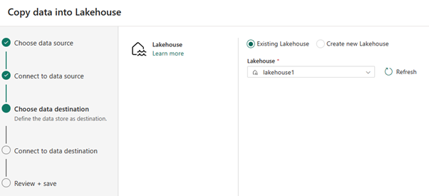 Captura de pantalla que muestra cómo seleccionar el lakehouse de destino.