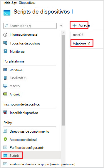 Captura de pantalla que muestra cómo crear un nuevo script para un dispositivo Windows.