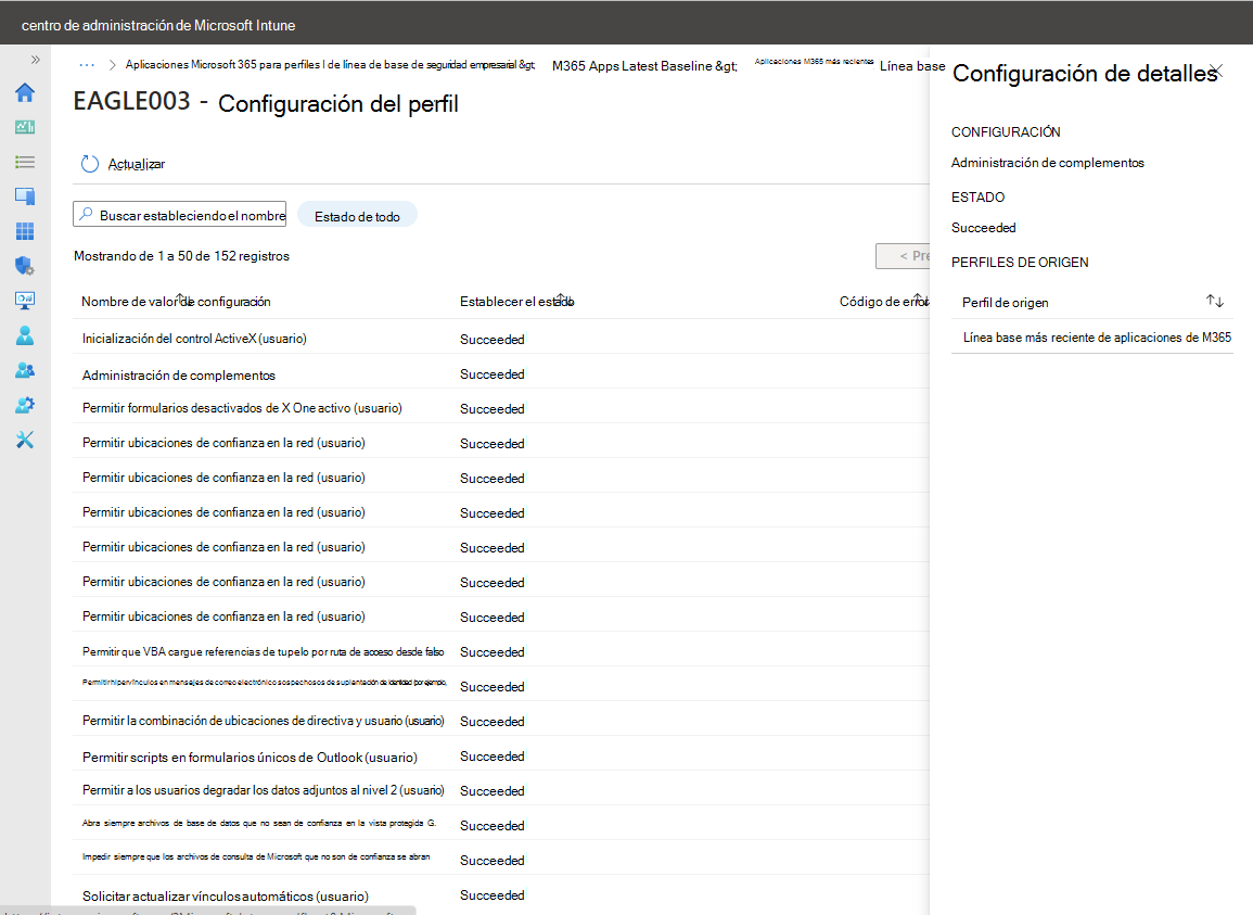 Vea el estado notificado de un dispositivo para cada configuración de la línea base.