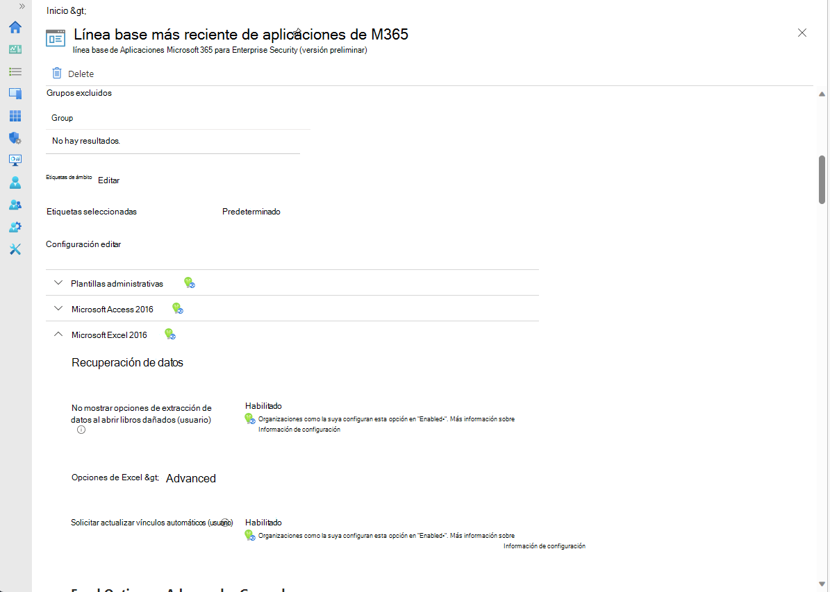 Vea la configuración de líneas base, donde puede editar para realizar cambios.
