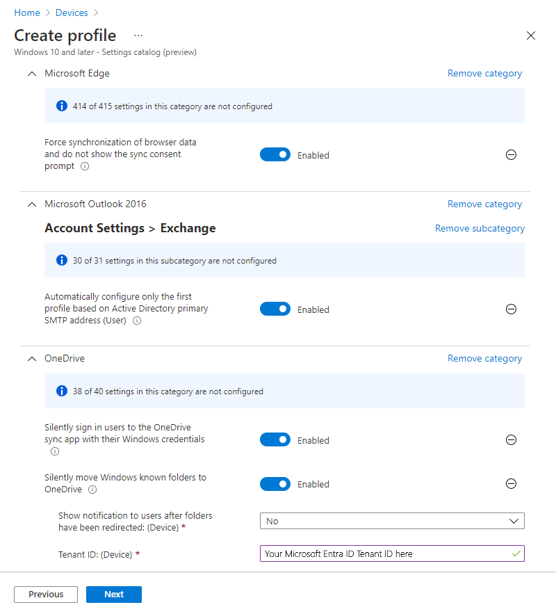 Captura de pantalla que muestra un ejemplo de un perfil de catálogo de configuración en Microsoft Intune.