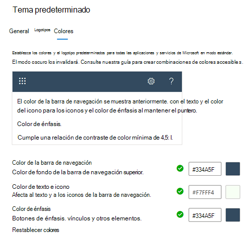 Captura de pantalla: pestaña Colores que muestra los colores de tema predeterminados de su organización.