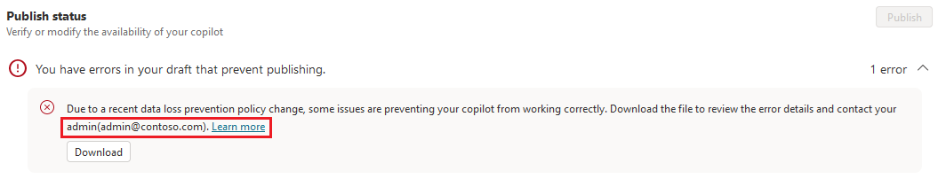 Captura de pantalla de un mensaje de error relacionado con la directiva de datos en Copilot Studio, con una dirección de correo electrónico y el vínculo Más información resaltado.