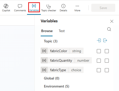 Captura de pantalla del panel Variables, con el botón Variables resaltado.