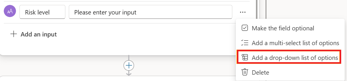 Captura de pantalla de las opciones de selección única para entradas de texto en Copilot Studio.