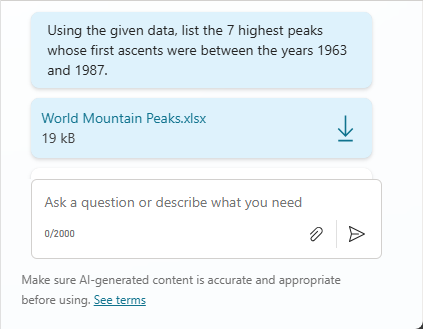 Haz una captura de pantalla de un panel de prueba que muestra el prompt que requiere generación y ejecución de código para completarse y la anexión de un archivo de datos estructurado.