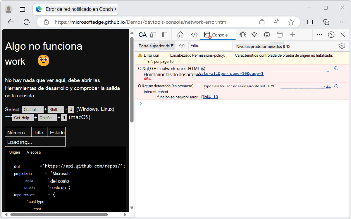 La consola muestra una red y un error de JavaScript
