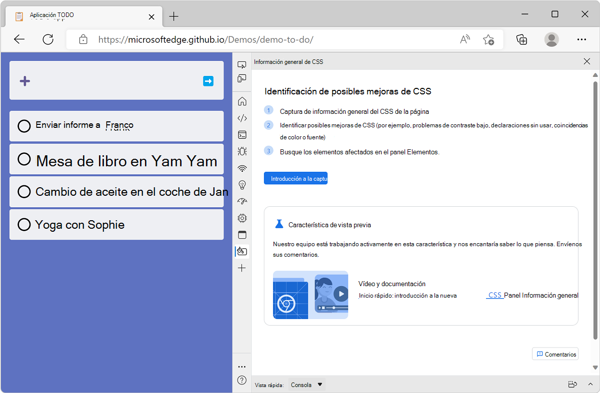 Microsoft Edge, con la aplicación de demostración de lista TODO y DevTools junto a ella, que muestra la pantalla de bienvenida de información general de CSS